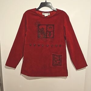 JESSICA HOWARD vintage red tunic top Jamaica postmark graphics button detail